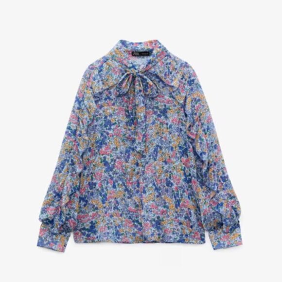 Zara | Blue Multicolor Ruffle Tie Neck Floral Blouse Size Large - Picture 1 of 6